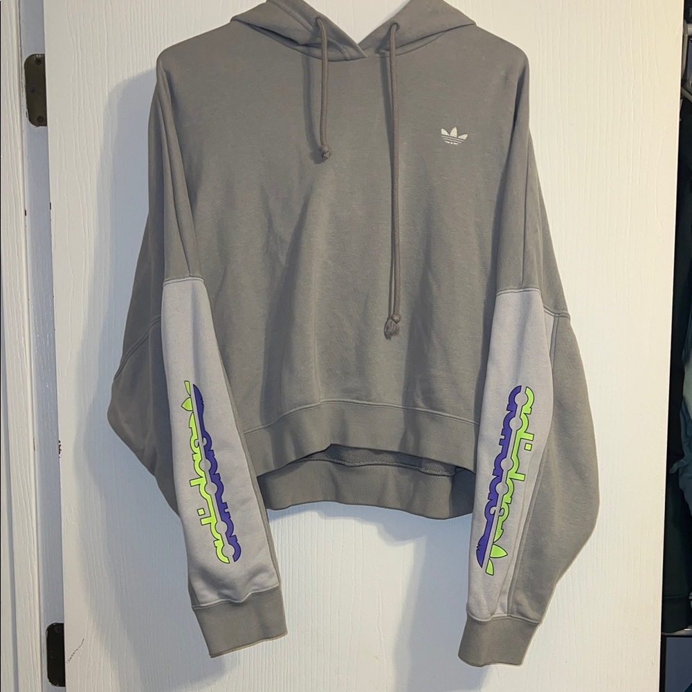 Adidas Gray Women's Hoodie with Graphic Sleeves